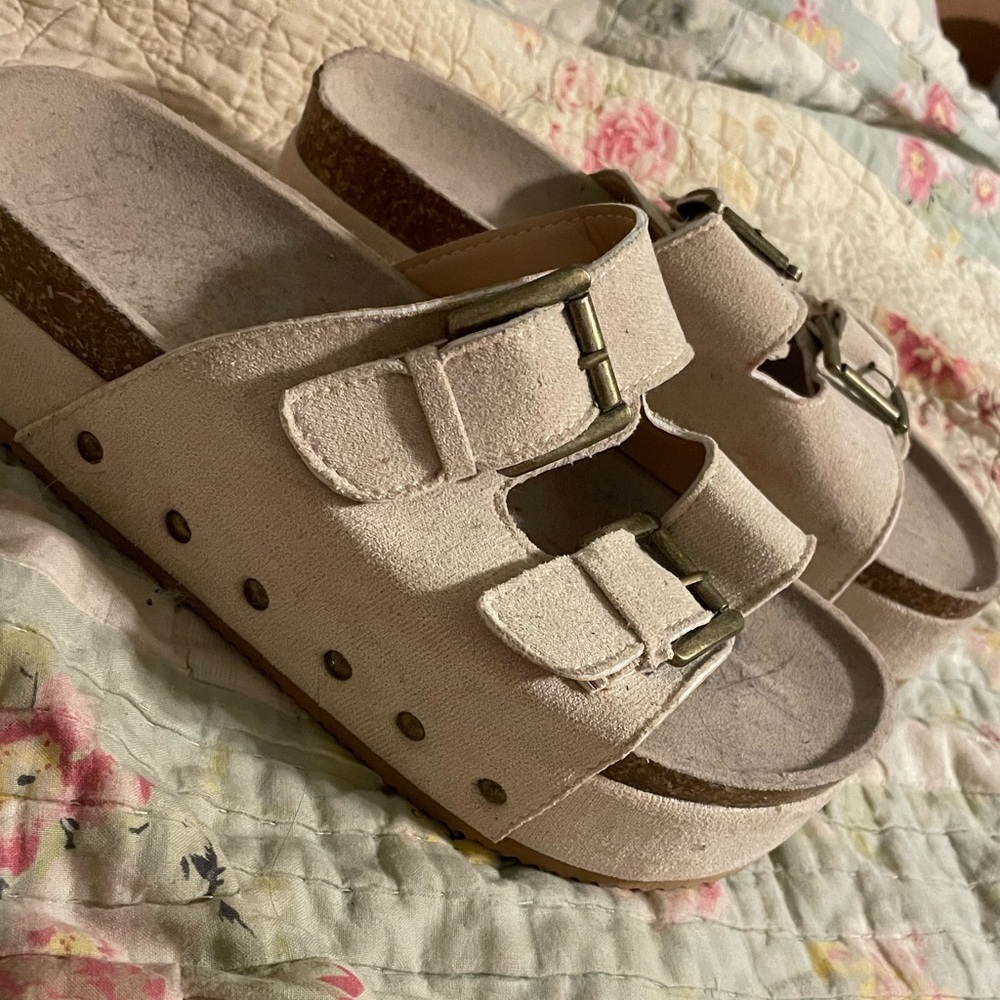 Beige Slide Sandals with Buckle Detail